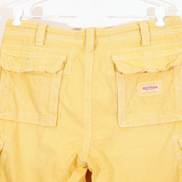 True Religion Mens Issac Cargo Bright Yellow Shorts Cut Off Drawstring Cotton 33 - Picture 10 of 15